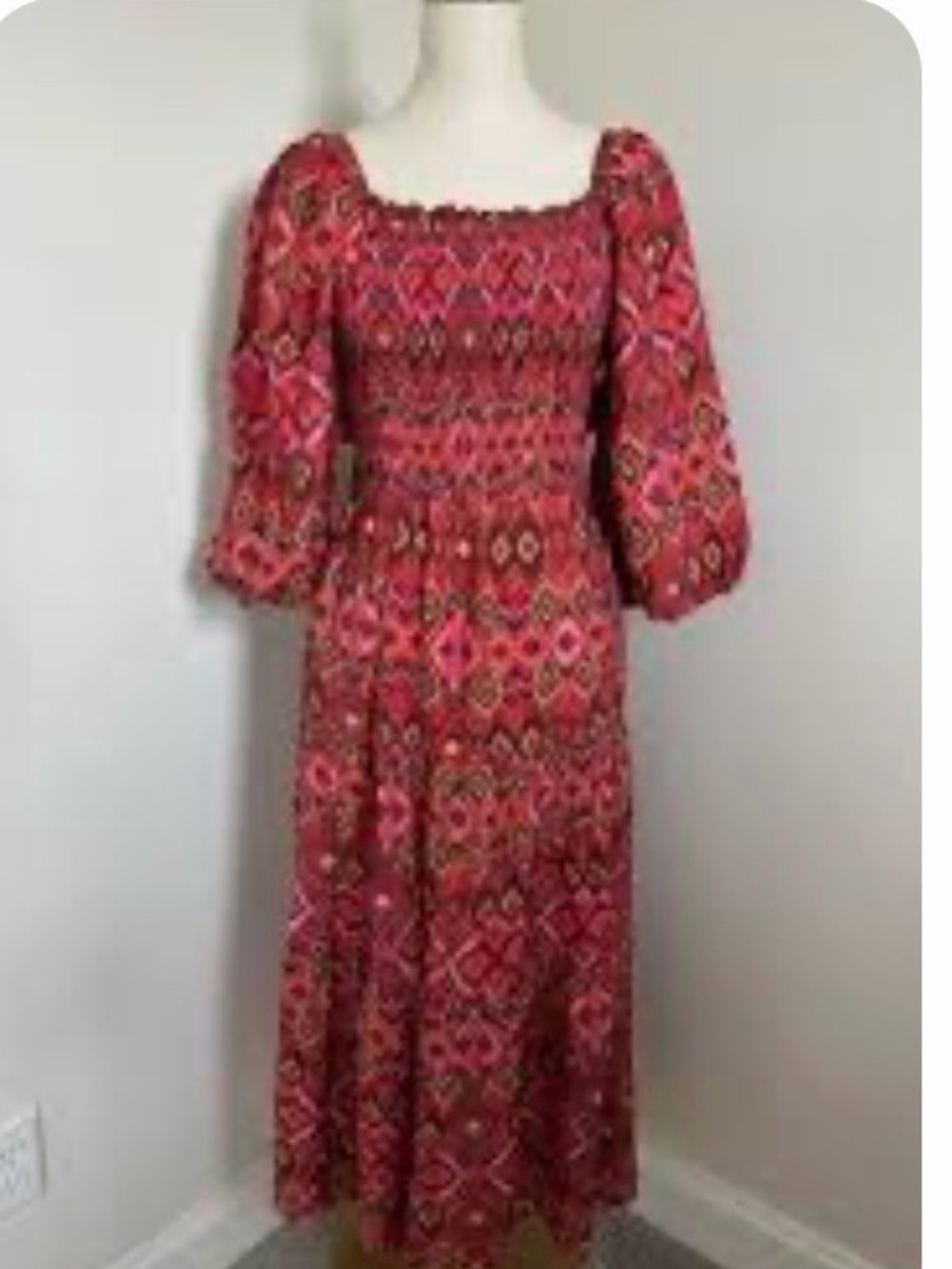 Dress Forum Red Patterned Smocked Maxi Dress with Puff Sleeves